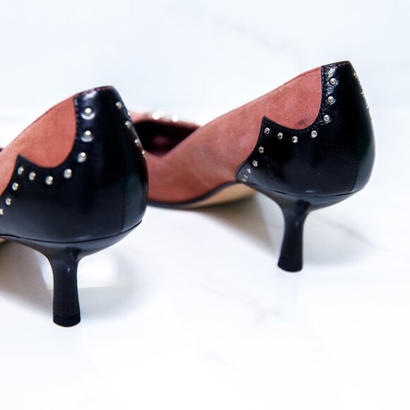 Vintage Steven by Steve Madden Red Black Leather Suede Kitten Heel Heart Studs - Picture 10 of 10